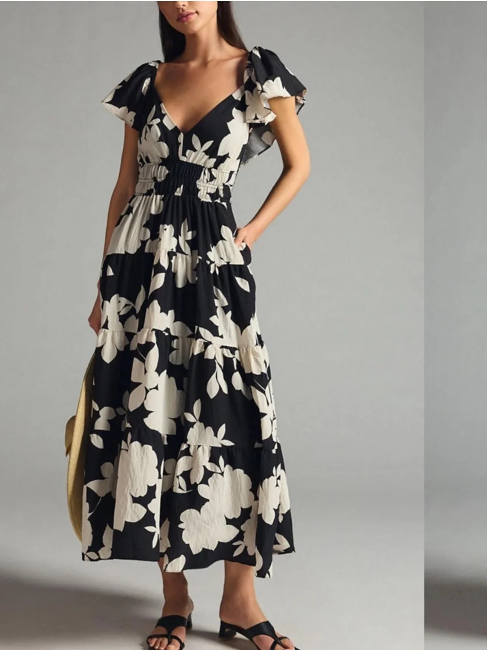 Anthropologie Black and Cream Floral Maxi Dress